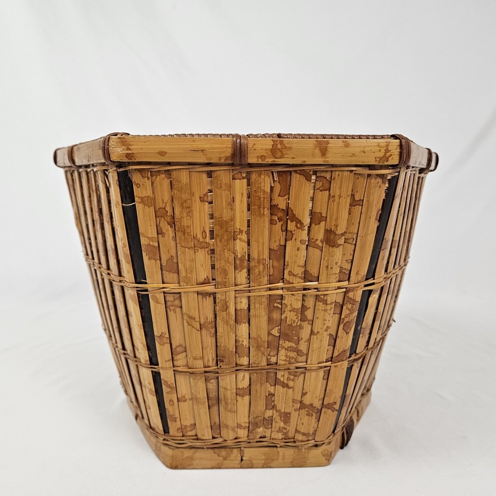 Vintage Tortoiseshell Bamboo Basket Planter Wastepaper Trash Can Boho MCM Rattan - Picture 4 of 10